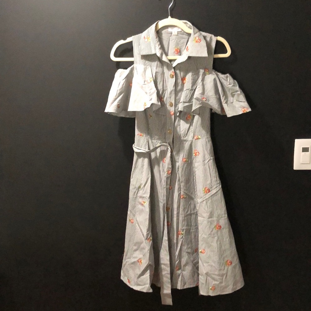 Calvin Klein cold shoulder embroidered striped poplin shirt dress